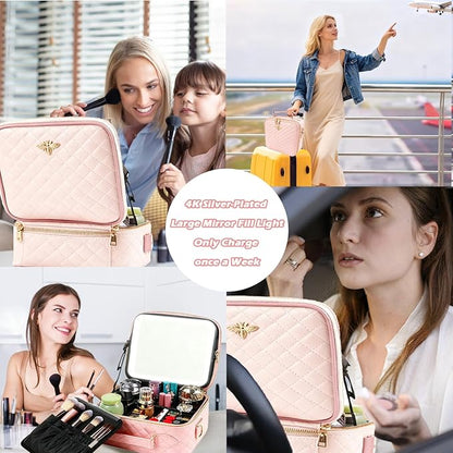 Travel Makeup Bag with Light Up Mirror, Portable Makeup Bag with Led Light Women Waterproof Makeup Travel Case adjustable dividers Rechargeable Vanity Mirror with 3 Color Lights