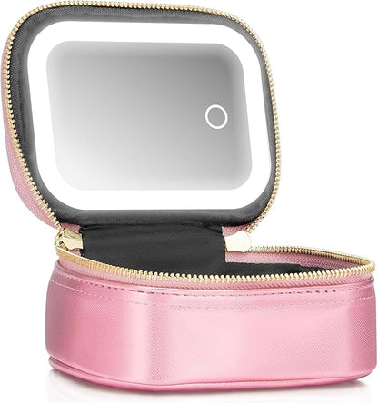 Small Makeup Bag with Led Mirror, Mini Travel Make up Bag 3 Light Modes Adjustable Brightness, for Women Organizer Cosmetic Bag, Portable Travel Train Toiletry Bag, for Pool Parties Work Touch-Ups