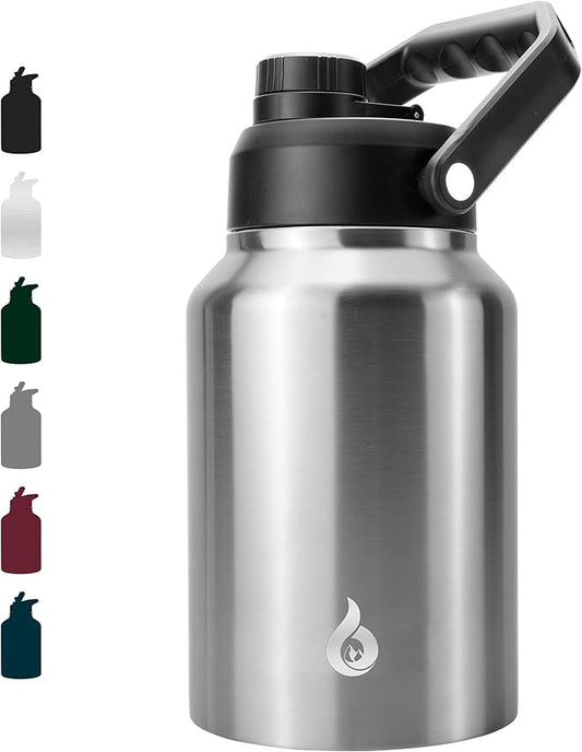 BJPKPK 64 oz Insulated Water Bottle, Dishwasher Safe Half Gallon Water Bottle with Ergonomic Handle, BPA Free Leak Proof Water Jug with Anti-slip Bottom, Stainless Steel Primary Color