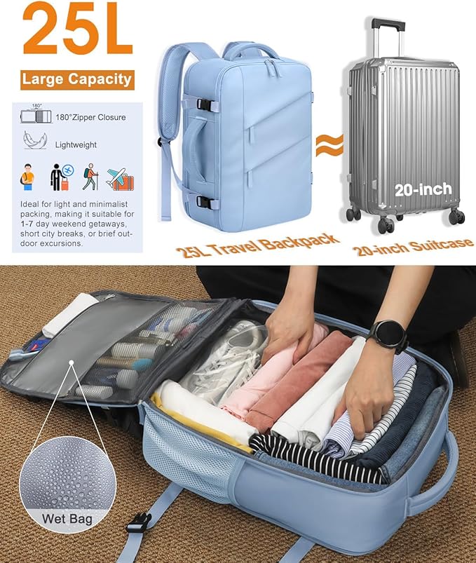 Capolo Travel Backpack for Women Men Waterproof Laptop Backpack Flight Approved Carry On Backpack Overnight Weekender Bag College Bookbag for Business, Work, Traveling Fits 17 '' Laptop,Light Blue