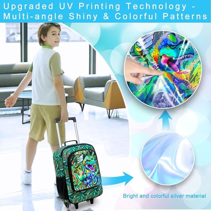UFNDC Kids Luggage for Boys, Dinosuar Rolling Suicase with Wheels，Travel Carry on for Children Toddler Elementary