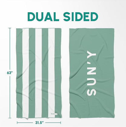 SUN'Y Waffle Microfiber Beach Towel – Sand Free, Quick Dry, Ultra Absorbent, Lightweight & Compact Travel Towel with Carry Bag - Large (63” x 31.5”), Sea Green
