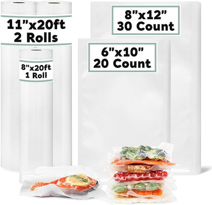 Avid Armor Vacuum Sealer Bags & Rolls – Heavy Duty, BPA-Free, Pre-Cut & Custom-Sized for Food Storage, Meal Prep & Sous Vide – 20 Pint, 30 Quart, 2 Rolls (11"x20ft), 1 Roll (8"x20ft)
