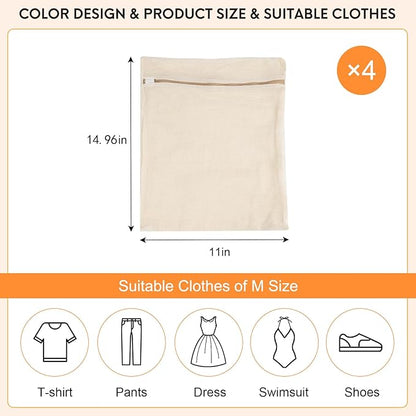 4-Piece Medium Durable Organic Cotton Mesh Laundry Bags with Sturdy Zippers and Breathable Mesh are Delicate Laundry Bags for Underwear, Clothes, Pants and Socks