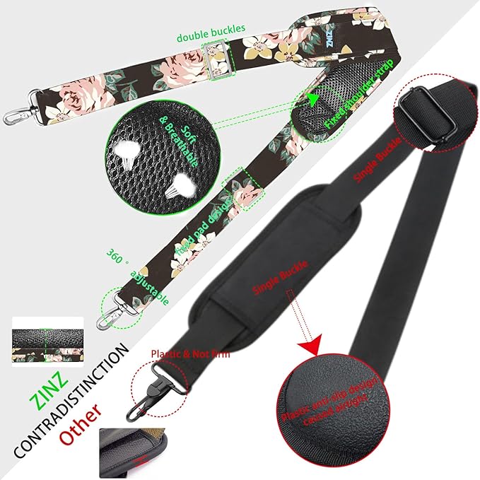 ZINZ Shoulder Strap 78" Universal Handbag Strap with Ultra-thick Fixed Padded and Dual Balanced Adjustable Buckles Shoulder Crossbody Strap for Briefcase Messenger Bag Laptop bag Luggage，Black rose