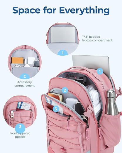 BAGSMART Carry On Backpack, 17.3 Inch Large Travel backpack Carry On Flight Approved, Personal Item Backpack Travel Bag With Shoe Bag, 27L Water Resistant Casual Daypack, Pink