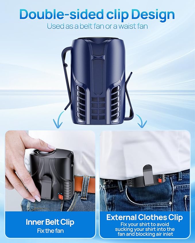 2025 Portable Personal Waist Fan& Neck Fan, 14000RPM Brushless Motor, 40H Runtime Rechargeable, 6-Speed Quiet Operation, Clip-On Personal Body Cooling for Camping/Worksites/Outdoor