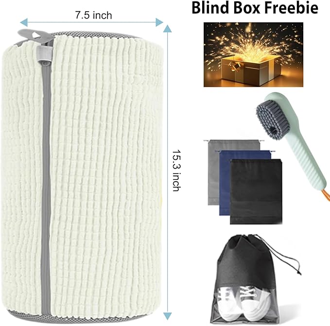 2Pcs Shoe Washing Machine Bag, Durable Laundry Shoe Bag for Washing Machine, Fluffy Fibers 360° Cleaning, Includes Liquid Shoe Brush & Travel Dust Bag, Ideal for Sneakers & Gym Shoes (White)