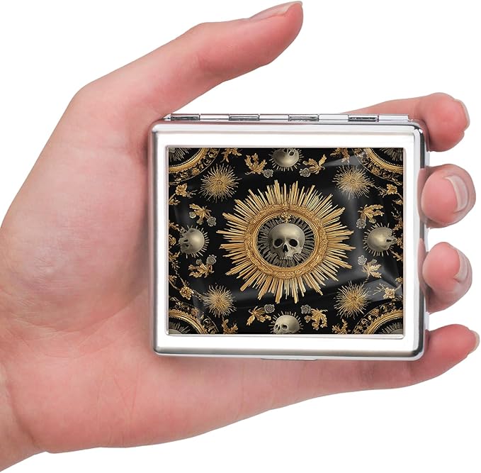 7 Days Chromed Shiny Silver Pill Organizer with Mirror Inside Has 8 Separate Compartments Rectangle,Versatile Storage for Medication - Ideal Travel Accessory (The Skeleton in The Center)