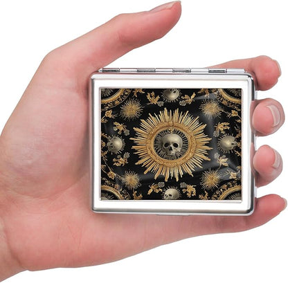 7 Days Chromed Shiny Silver Pill Organizer with Mirror Inside Has 8 Separate Compartments Rectangle,Versatile Storage for Medication - Ideal Travel Accessory (The Skeleton in The Center)