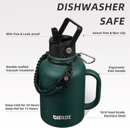 BJPKPK Large Insulated Water Bottles with Straw Lid & Handle, 50oz, 64oz, 87oz, 128oz Water Bottle with 3 Lids and Paracord Strap, Stainless Steel Metal Water Bottle, Insulated Water Jug, Army Green