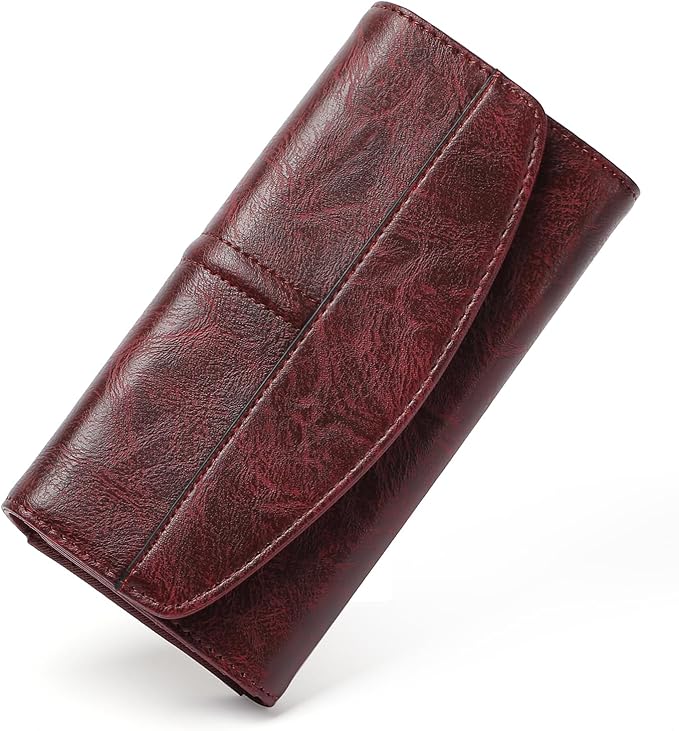 RFID Blocking Genuine Leather Wallet for Men and Women Large Capacity Phone and Credit Card Holder Organizer Purse (Dark Burgundy)