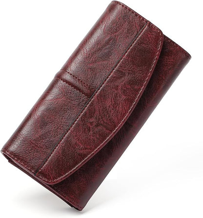 RFID Blocking Genuine Leather Wallet for Men and Women Large Capacity Phone and Credit Card Holder Organizer Purse (Dark Burgundy)