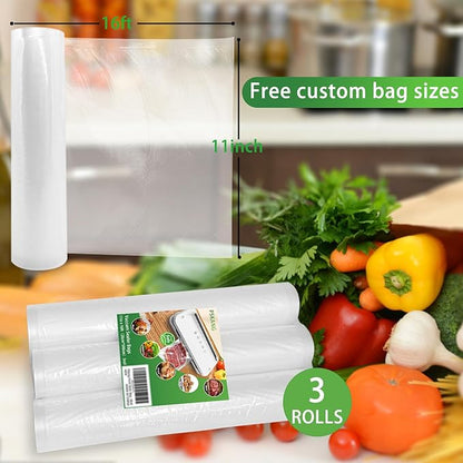 Vacuum Sealer Bags Rolls 11" x 16' (3 Rolls) BPA Free Vacuum Seal Bags for Food Heavy Duty Puncture Prevention Bags Rolls for Custom Fit Airtight Food Storage and Sous Vide