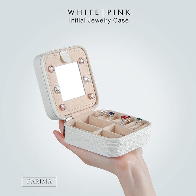 Parima Christmas Gifts for Grandkids - Travel Jewelry Case, Ring, Necklace, Earring Organizer Box - Initial M, White