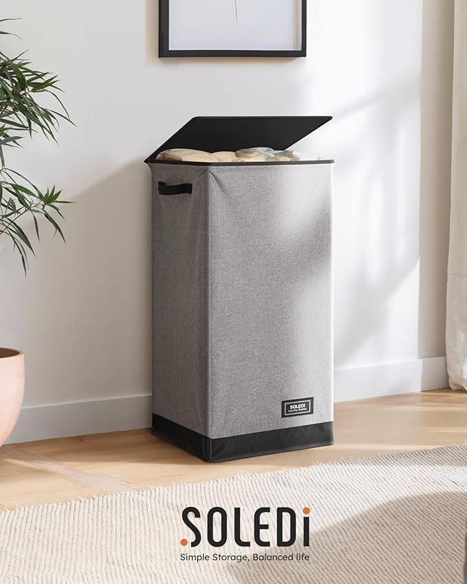 SOLEDI Slim Laundry Hamper with Lid, Narrow Laundry Basket with Removable Bags, Dirty Clothes Hamper with handle, Small Hamper perfect for Laundry room, Bathroom, Bedroom, Small spaces. 70L Grey