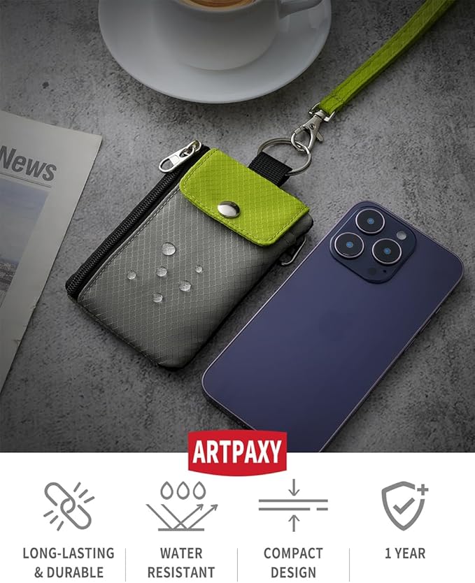 Minimalist Wallet For Mens Womens, Keychain RFID Blocking Zipper Small Wallet with ID Window 2 Lanyards,Water Resistant Travel Cash Card Coin Case Boys Girls