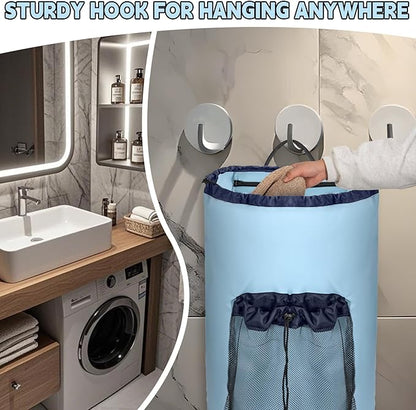 Laundry Bag Backpack with Shoulder Straps and Mesh Pocket Foldable Clothes Hamper Bag with Drawstring Closure for College, Apartment, Laundromat (Light Blue)