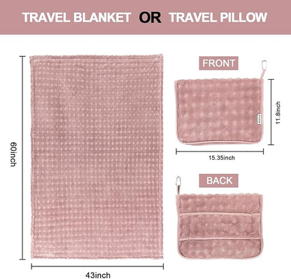 SOCHOW Travel Blanket for Airplane Train and Car, Soft Travel Blanket or Pillow 2 in 1 Compact with Portable Bag Pillowcase, Flight Blanket with Luggage Sleeve and Backpack Clip, Dusty Pink