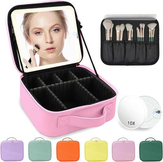 Travel Makeup Bag for Makeup Artists Large Makeup Case,with Mirror 3 Color Setting and Detachable 10x Magnifying Mirror Travel Makeup Bag,Portable Storage and Adjustable Dividers（Dark Pink）