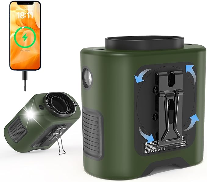PANERGY Portable Waist Fan, 67H Runtime Wearable Fan with 4+1 Speeds, Storm Mode, 14500mAh Rechargeable Belt Fan with Dual Clip, Flashlight for Outdoor Jobsite(Army Green)
