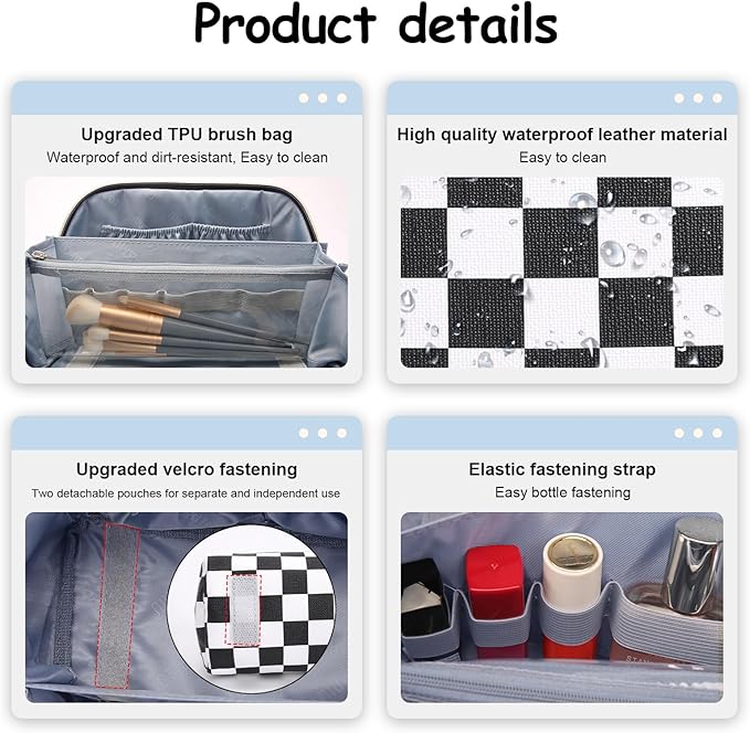BOYATU Travel Makeup Bag Cosmetic Bags for Women: Large Make up Bags Set of 3 - Portable Makeup Organizer with Compartments&Handle&Divider - Waterproof PU Leather Toiletry Bag(A-5-Checkered Mix Black)