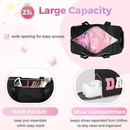Dance Bag for Girls, KUIRAN Travel Duffel Bag with Shoe Compartment Lightweight Gym Sport Ballet Weekender Bag - Black/Shoe Compartment