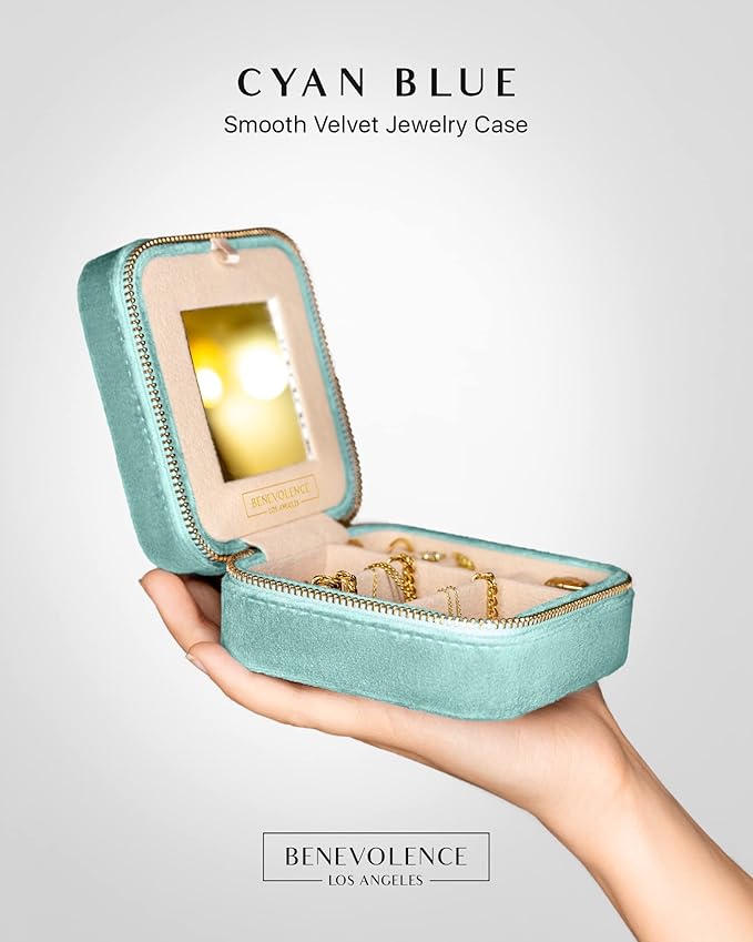 Benevolence LA Plush Velvet Jewelry Box | Travel Jewelry Case Organizer with Mirror | Featured in Oprah's Favorite Things | Best Gifts For Daughter, Girlfriend, Mom | Gifts For Her - Cyan