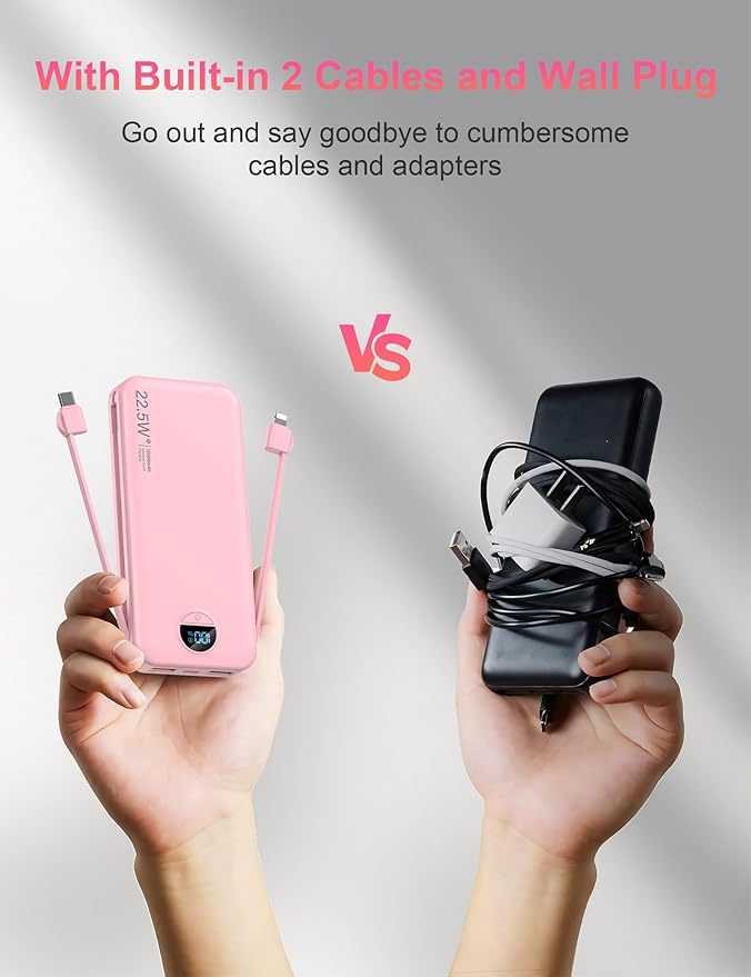 Portable Charger with Wall Plug, 12000mAh USB C Power Bank Fast Charging, External Battery Pack with Built in Cables, Digital Display, 5 Output 4 Input for iPhone Android Cell Phone Tablet