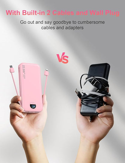 Portable Charger with Wall Plug, 12000mAh USB C Power Bank Fast Charging, External Battery Pack with Built in Cables, Digital Display, 5 Output 4 Input for iPhone Android Cell Phone Tablet