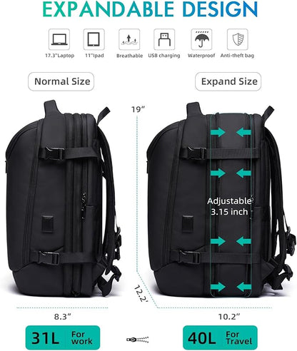 Carry on Backpack for Women Men 40L Flight Approved Travel Backpack Fit 17 Inch Laptop with USB Charging Expandable Business Weekender