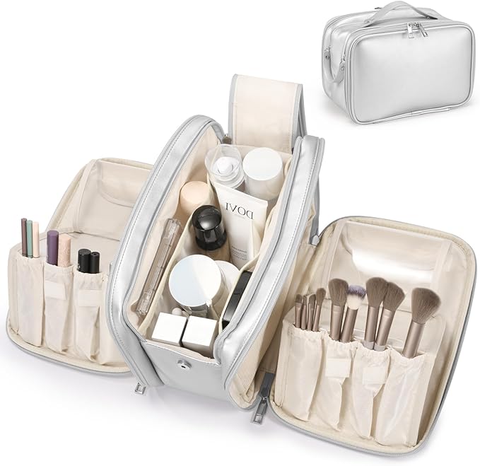 Travel Makeup Bag Women's Large Capacity Cosmetic Portable Organizer Large Opening Waterproof Storage Toiletry Bags Vertical Free-Standing Brush Holder for Easy Access Silver