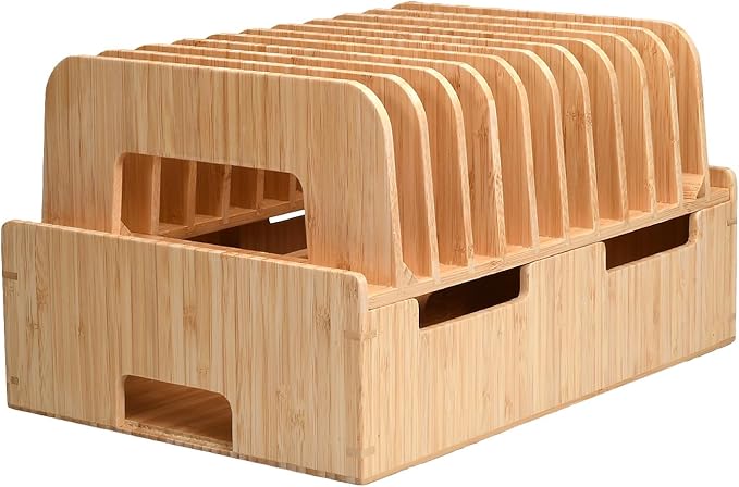 MobileVision Bamboo 12-Port Charging Station & Docking Organizer for Smartphones & Tablets, Family-Sized, for use in Corporate Offices & Classrooms