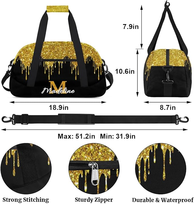 Personalized Kids Sports Duffel Bag with Name Custom Weekender Overnight Bag for Boys Girls Gym Bag Travel Dance Gymnastics Duffel Bag, Golden Glitter