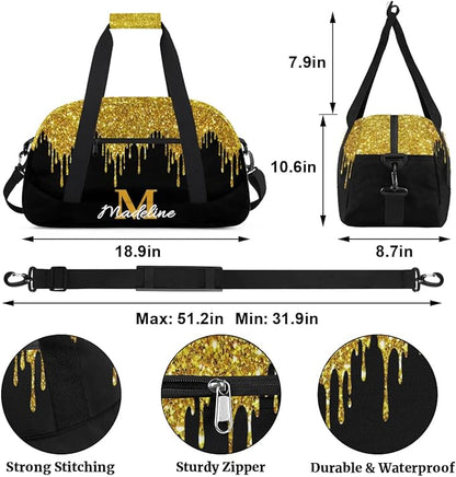 Personalized Kids Sports Duffel Bag with Name Custom Weekender Overnight Bag for Boys Girls Gym Bag Travel Dance Gymnastics Duffel Bag, Golden Glitter
