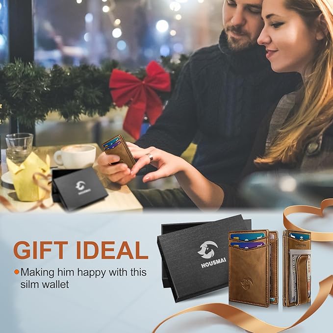 Magnetic Closure Slim Wallet for Men with Money Clip Gift Boxed,Genuine Leather Front Pocket Wallet, 3.9"x 2.7", RFID Blocking