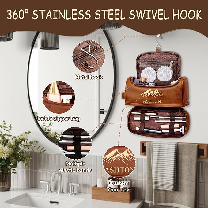 Personalized Toiletry Bag for Men - Custom Large Leather Dopp Kit with Engraved Name & Text, Personalized Gift for Groomsmen, Husband, Dad, Boyfriend, Birthday or Christmas Gifts for Men