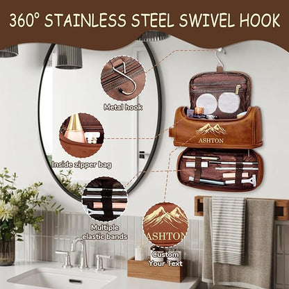 Personalized Toiletry Bag for Men - Custom Large Leather Dopp Kit with Engraved Name & Text, Personalized Gift for Groomsmen, Husband, Dad, Boyfriend, Birthday or Christmas Gifts for Men