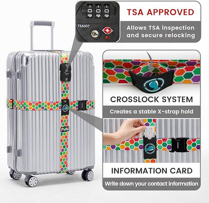 Travelkin Luggage Straps TSA Approved - Adjustable Cross Suitcase Straps with TSA Lock, Reinforced Buckle, Unique Pattern - Secure Heavy Duty Luggage Straps for Travel (Honeycomb)
