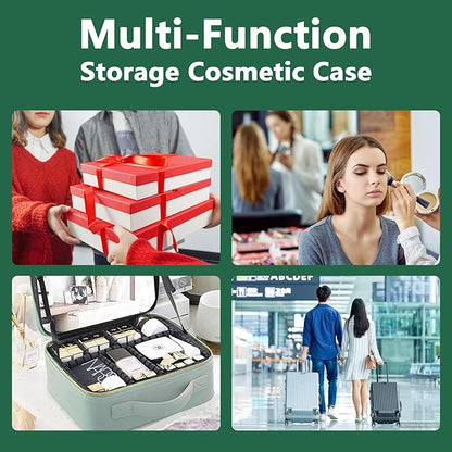 Travel Makeup Bag for Women and Makeup Artists Cosmetic Organizer Large Makeup Case,Travel Makeup Bag with Mirror 3 Color Setting,Portable Storage and Adjustable Dividers(Dark green)