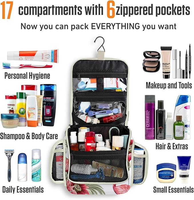 VENTURE 4TH Hanging Travel Toiletry Bag for Women & Men - Travel Organizer with Expandable Compartments & Removable Clear Pouch for Toiletries (Pink Flamingo)