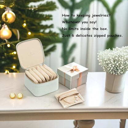 Vlando Travel Jewelry Box Organizer - 6 Small Velvet Zipped Pouches Pockets for Jewelries Necklaces Rings Earrings Sorting Storage, Menthol Mambo