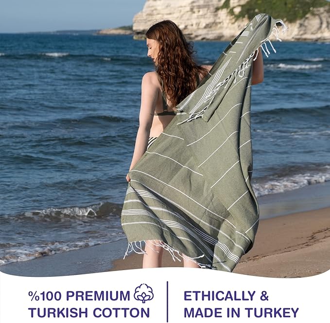 Turkish Beach Towels, Pack of 2 | Oversized, Quick Dry, Sand Free | 100% Cotton, Large 38x71 Towels for Beach, Pool, Travel | Ultra-Soft, Compact, and Absorbent | Olive Green