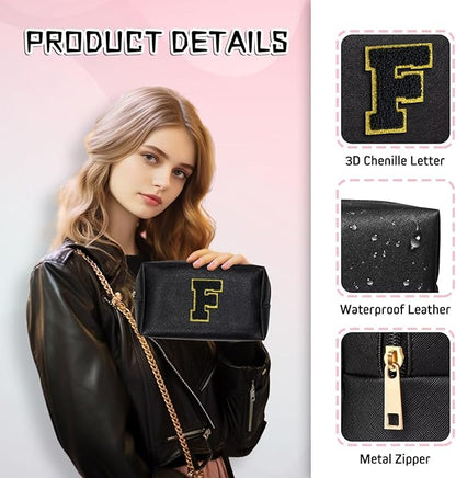 TOPEAST Preppy Makeup Bag, Small Cosmetic Travel Bags for Women, PU Leather Waterproof Toiletry Bag with Zipper, Personalized Birthday Gift for Women Girl, Preppy Gifts for Girl (Black Z)