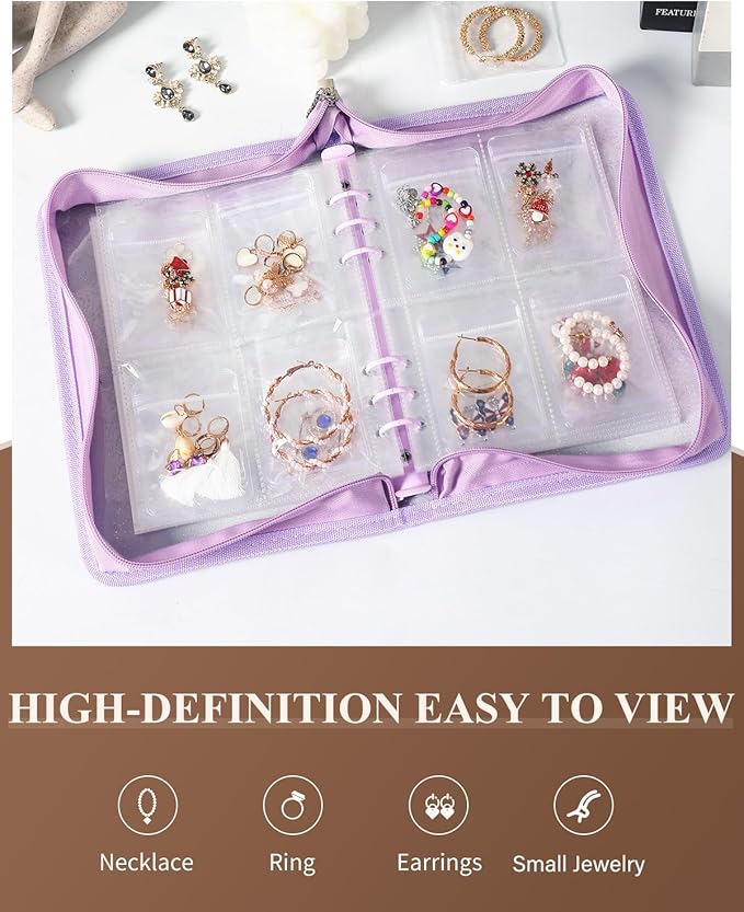 AOLEIXIYA Jewelry Organizer Book Clear Travel earring book organizer Transparent Jewelry Book with Zipper Pouch Bags (Purple,With 80 PCS Small Jewelry Bags)