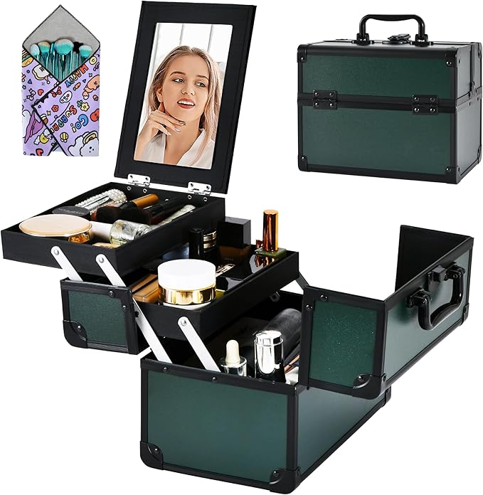 Makeup Train Case, Portable Makeup Case with Mirror, 2-Trays Cosmetic Organizer Case,Nail Polish Organizer, Travel Makeup Box, Profesional for Salon Barber, Green
