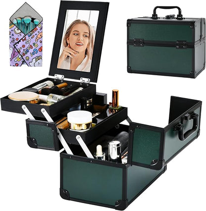 Makeup Train Case, Portable Makeup Case with Mirror, 2-Trays Cosmetic Organizer Case,Nail Polish Organizer, Travel Makeup Box, Profesional for Salon Barber, Green