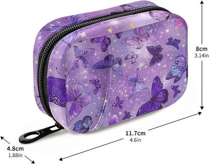 Pink Cute Butterflies and Stars Travel Pill Organizer Case Box Container Weekly Portable Vitamin Medicine Holder Storage Bag with Zipper Removable