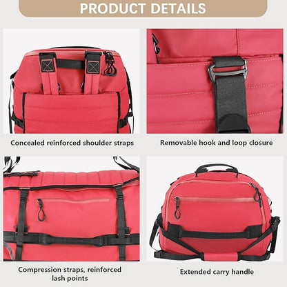 Vomgomfom 86L Collapsible Wheeled Luggage With Removable Backpack Straps,Waterproof Rolling Duffle Bag with Quilted Base,No Telescope Handle,Red