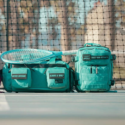 WOLFpak 20L Mini Duffle Bag for Gym & Travel | Waterproof Carry-On Weekender Bag with Shoe Compartment, Hard Bottom, and Tactical Molle System (Voodoo Aqua)